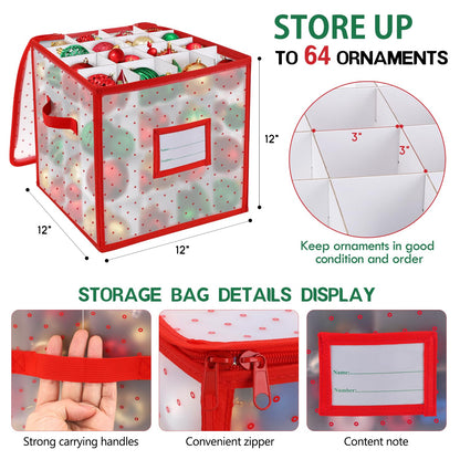 BINSUNS Christmas Ornament Storage Box, Christmas Storage Containers Organizer Bag with Dividers - Fits up to 64 Holiday Xmas Ornaments Decorations 3" Seasons Balls(Red)