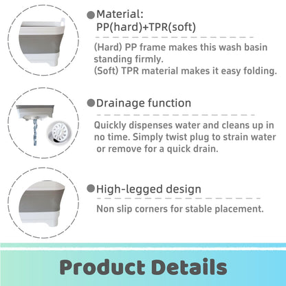 GIMWA Collapsible Wash Basin for Baby Bottles - 2.4 Gallons Portable Wash Bin for RV Camping Sink, Space-Saving Dish Tub (Gray)