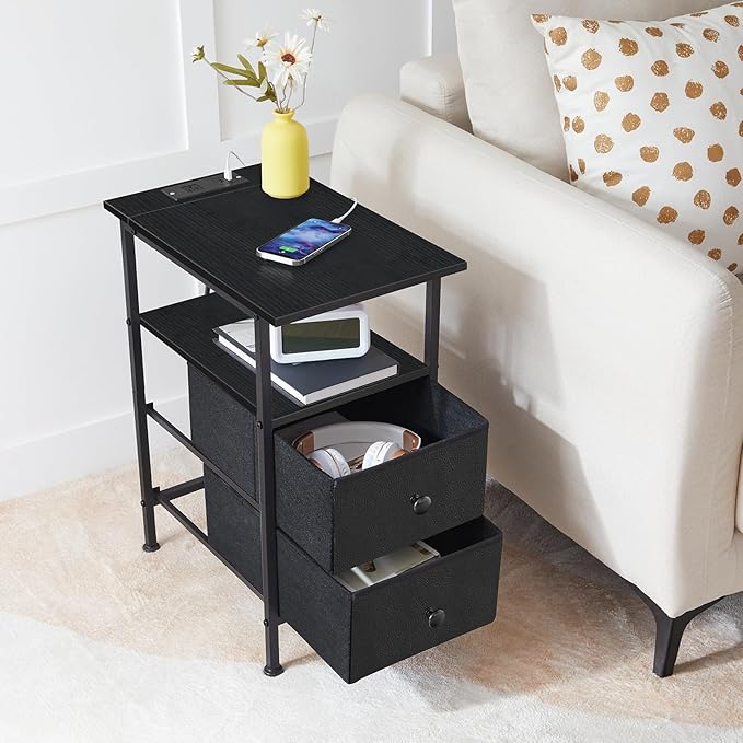 HOOBRO End Table with Charging Station, Narrow Side Table, Nightstand with 2