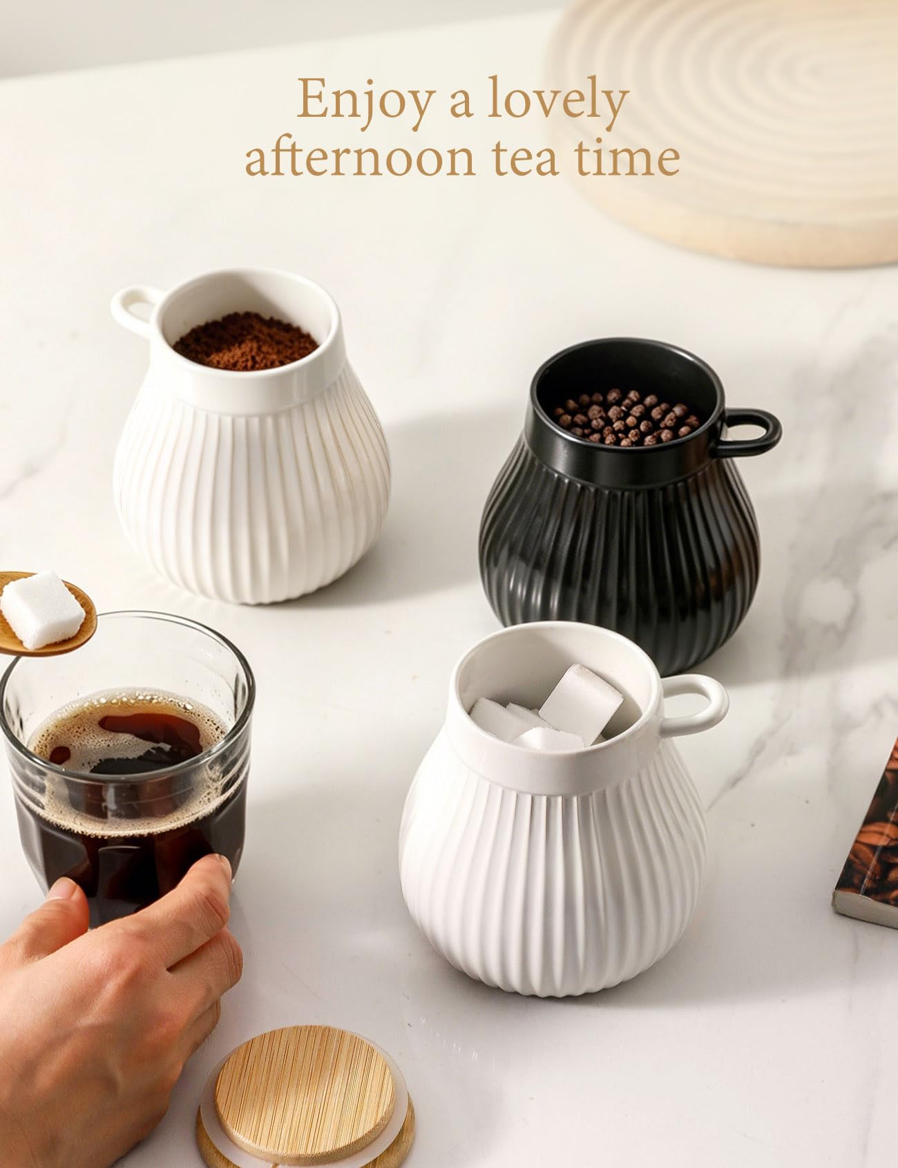 TEAKISS Sugar Bowl with Wooden Lid and Spoon, Ceramic Sugar Container for Coffee Bar, Sugar Jar Holder Sugar Dispenser Bowl for Sea Salt, Spice and Sugar, Glazed White