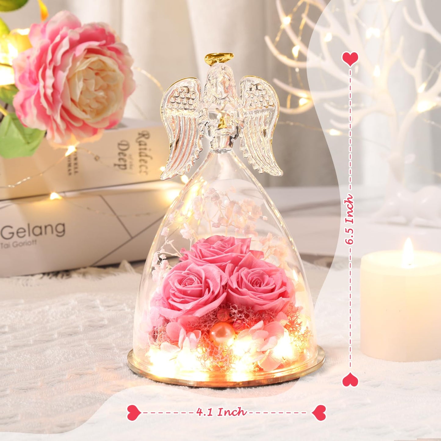 ANWEAO Mothers Day Birthday Gifts for Her Preserved Real Rose in Angel Glass Crystal Angel Figurines,The Best Mothers Day Christmas Anniversary Birthday Gift for Mum Wife (Pink)