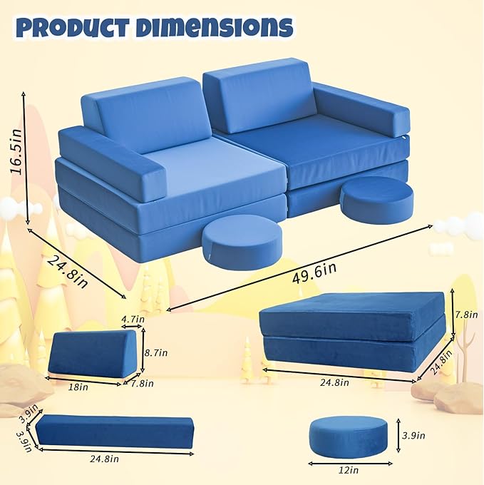 12 Pcs Modular Kids Play Sofa Convertible Foam Floor Mat and Play Fortress