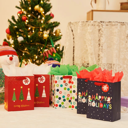 SUNCOLOR Small Christmas Gift Bags with Tissue Paper, 6 Pack Holiday Theme Bags in 3 Festive Designs, 7x9x4 Inches, Red Navy White with 12 Sheets Tissue Paper