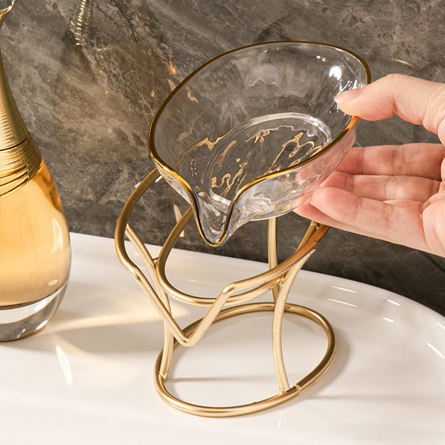 JOROBURO Self Draining Soap Holder, Creative Soap Box Decorative Bathroom Soap Tray with Gold Iron Frame, Elegant Leaf Shape Soap Dish Bar Soap Holder for Home Bathroom Shower Kitchen(#2)