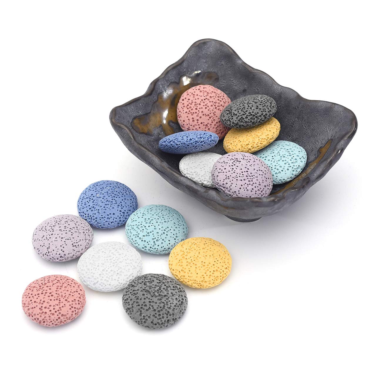 Top Plaza Lava Rock Stone Aromatherapy Essential Oil Diffuser Set Square Ceramic Fragrance Perfume Ware Bowl with 14Pcs Round Shape Lava Stone Beads
