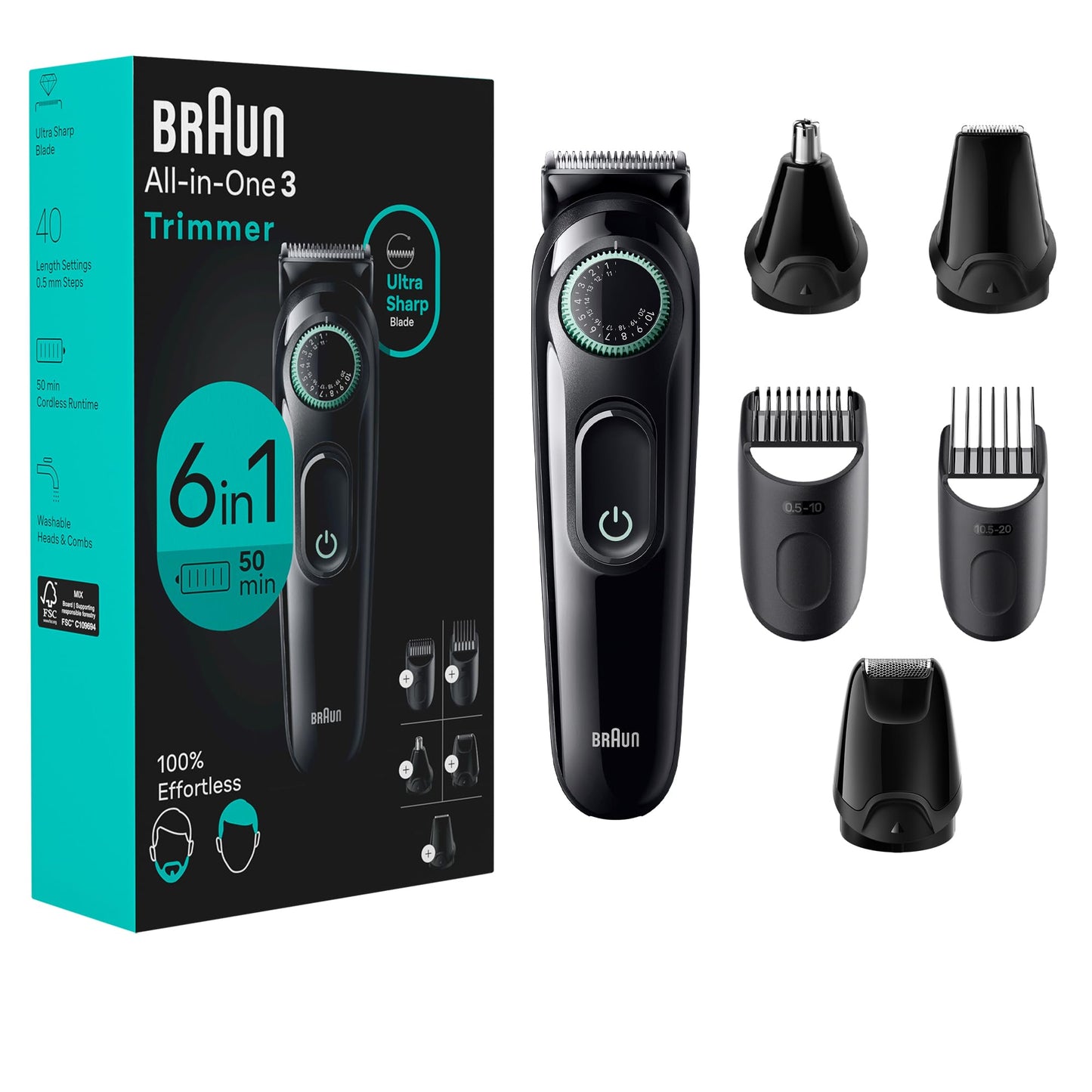 Braun All-In-One Style Kit Series 3 3430, 3-in-1 Trimmer for Men with Beard Trimmer, Ear & Nose Trimmer, Hair Clippers, Ultra-Sharp Blade, 20 Length Settings, Washable
