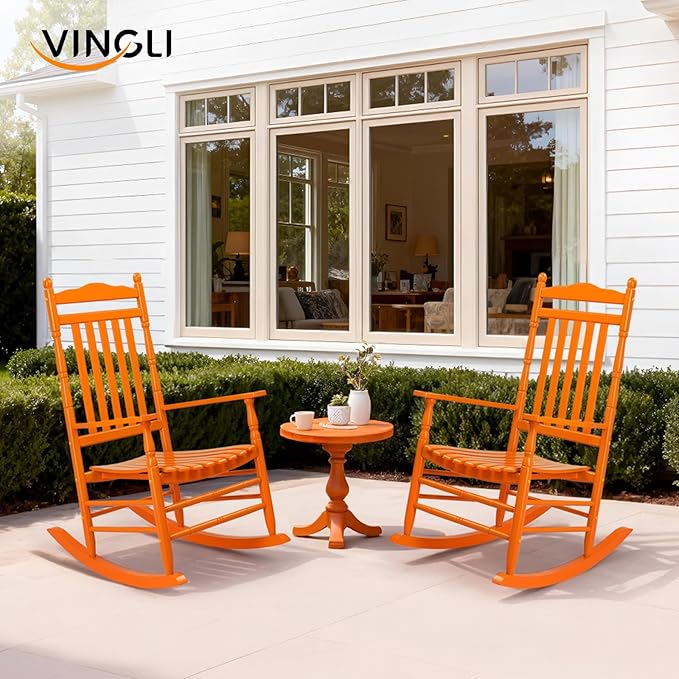 VINGLI Wooden Rocking Chair, Outdoor Chair with 450 lbs Support, Relaxing Rocker with Solid Wood High Back Seat Reclining Seat for Deck, Garden, Backyard, Porch, Indoor or Outdoor Use (Orange, 2PCS)