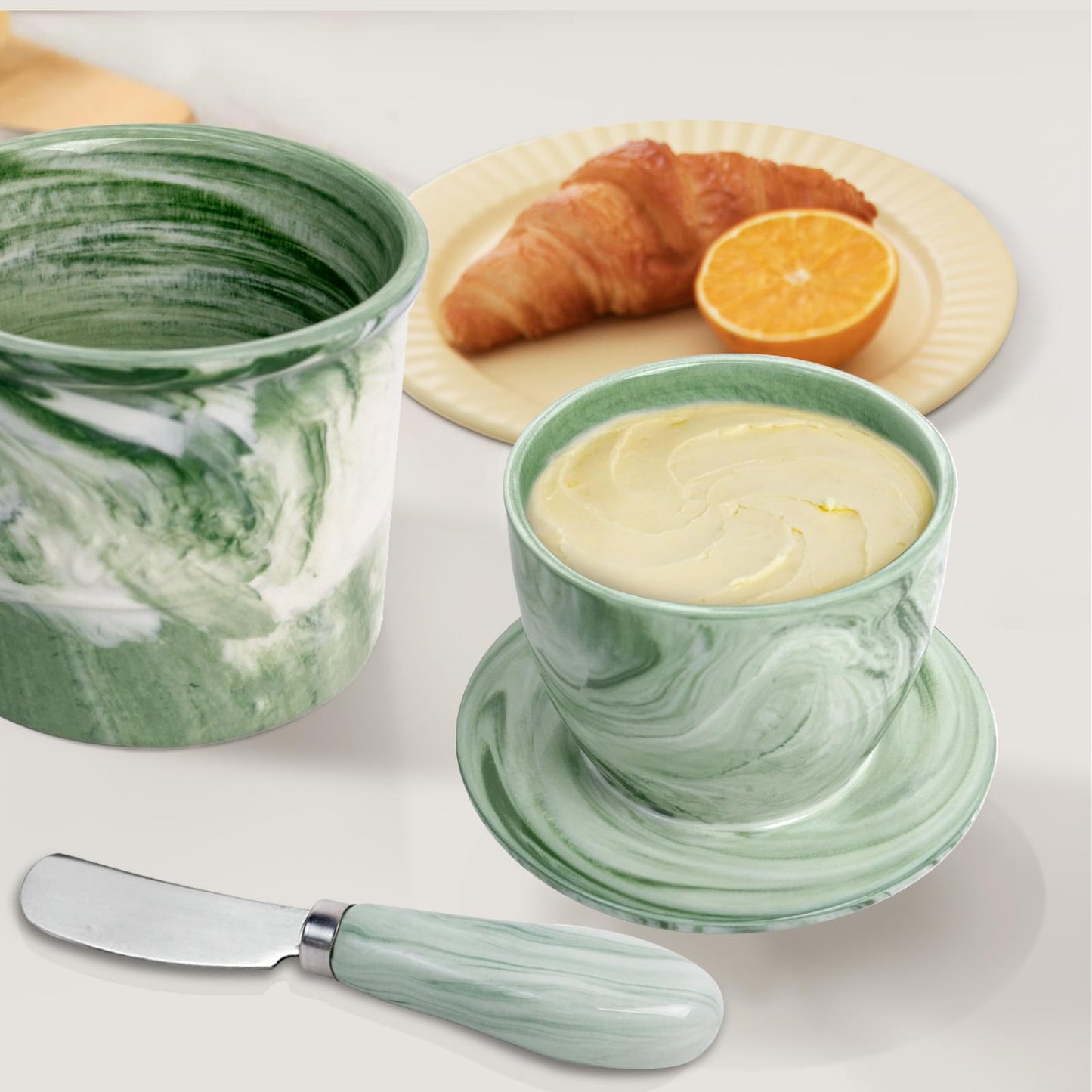 MSJGA Ceramic Butter Crock with Lid & Spreader Knife, Butter Keeper - Ideal Butter Storage & Countertop Butter Dish (Marble Green with Marble Green Knife, M)