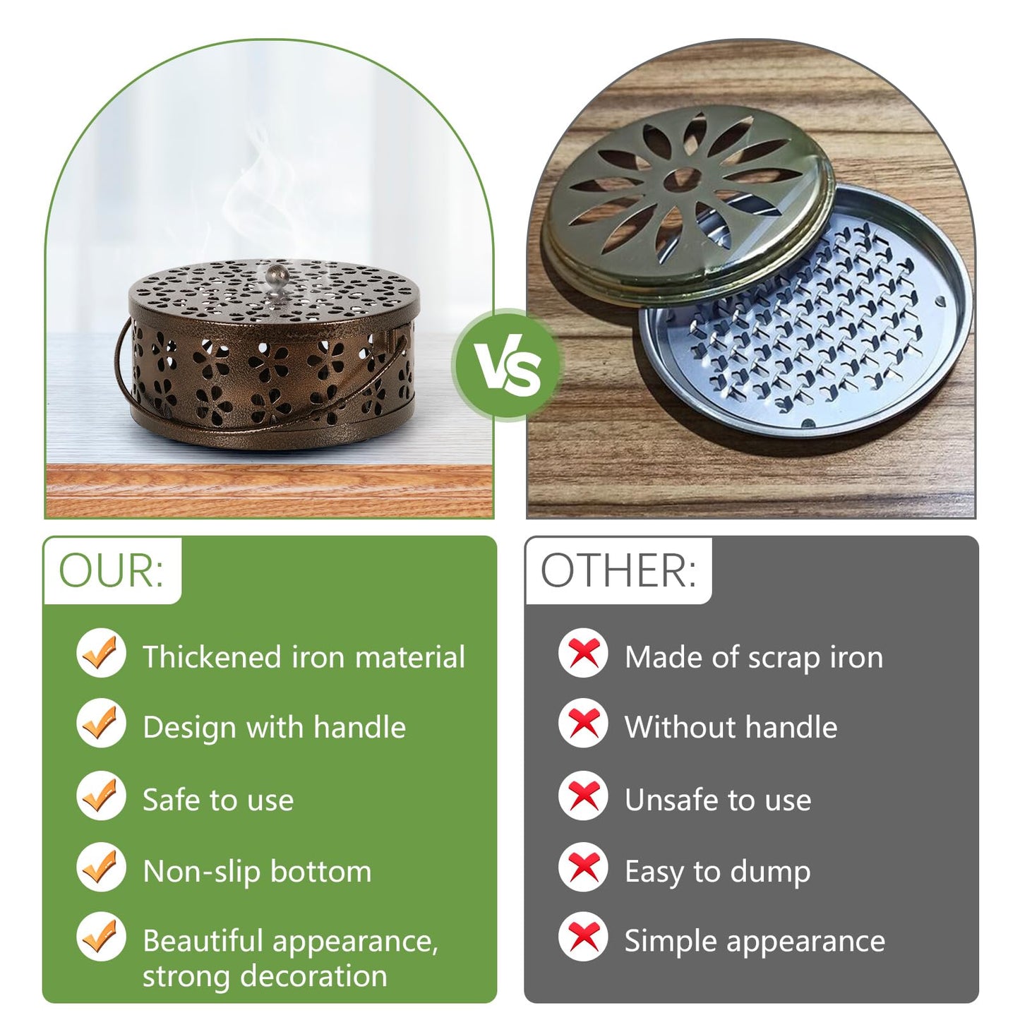 Whiidoom Portable Iron Mosquito Coil Holder with Handle Round Heat-Resistant Incense Holder (Bronze)