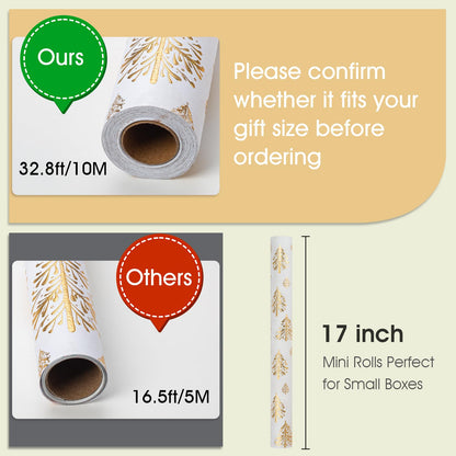 Flyhill Kraft Christmas Wrapping Paper,White Gold 3D Embossed Foil Christmas Tree with Woodlands Wrap Paper for Holiday, Party,Celebration, New Year (17 Inch X 32.8 Feet)