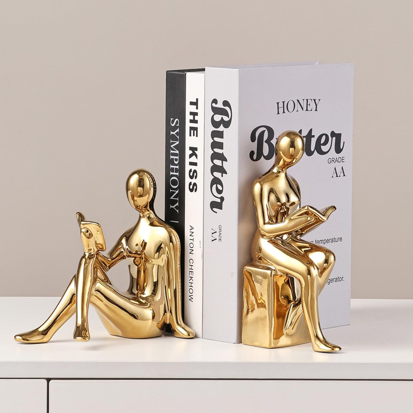 Decorative Bookends, Ceramic Book Ends for Shelves, Home Office Decor Aesthetic Book Stopper Reading Book Holders Statues for Bookshelf Bedroom Living Room Decoration (Glod)