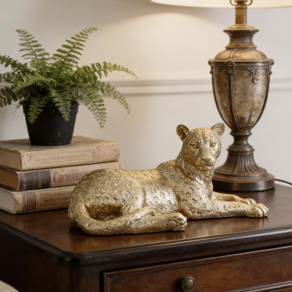 Guichifun Leopard Statue Home Decor Accents - Champagne Gold Cheetah Figurines for Shelf Bookshelf TV Stand Decor Bedroom Office Decorations Ideal Gift for Animal Lovers 12 x 6.8 x 5.2 Inch