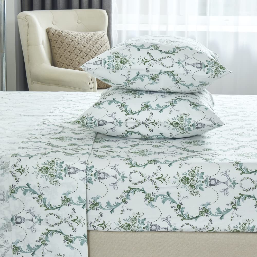 DAUAOTO 100% Cotton Sheets Set Twin Size Printed Bedding Sets, Up to 14" Deep Mattress, Botanical Vines Pattern Bedlinen Set, Green
