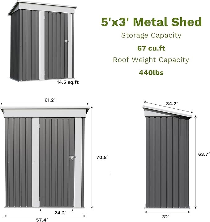 Patiowell 5x3 FT Outdoor Storage Shed, Garden Tool Shed with Sloping Roof and Lockable Door, Metal Shed for Backyard Garden Patio Lawn, Gray