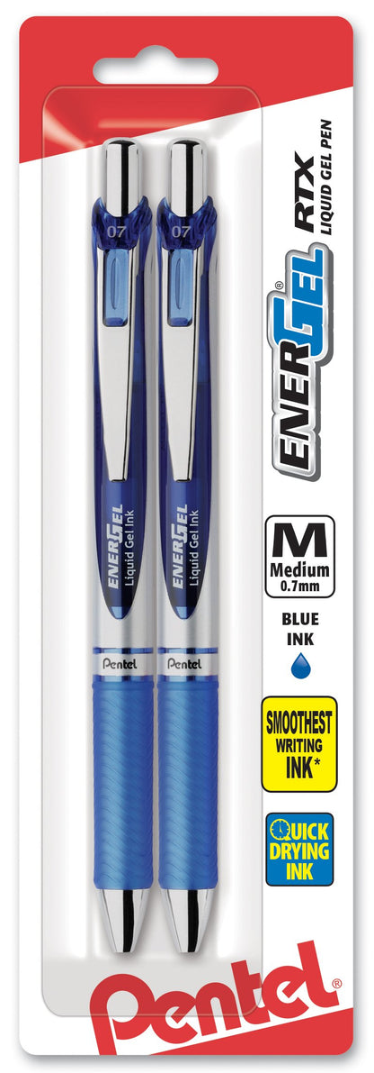 Pentel EnerGel Deluxe RTX Retractable Liquid Gel Pen, 0.7mm, Metal Tip, Blue Ink, 2 Pack (BL77BP2C)