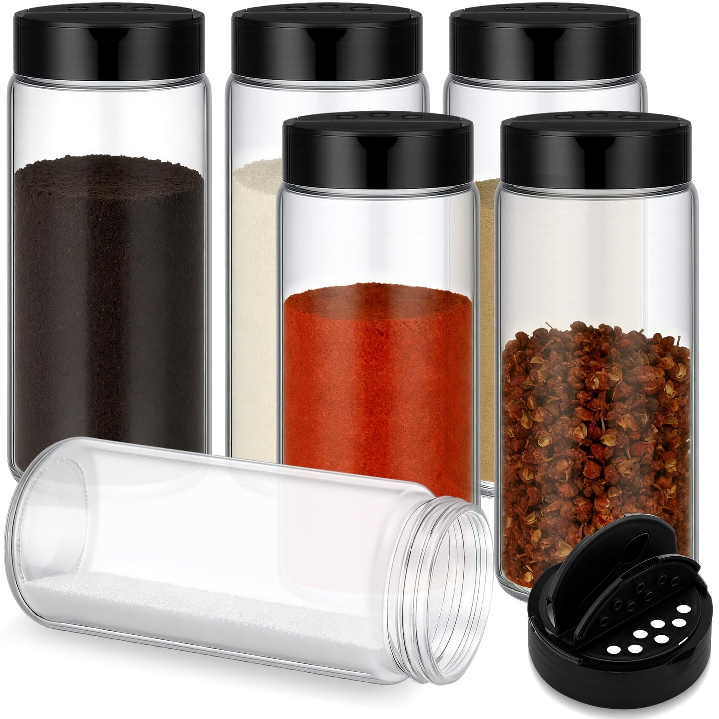 Acellegic 6 Pack 16 oz Glass Spice Jars with Shaker Tops Lids Large Spice Bottle with Lids for Kitchen, Herbs, Sugar, Pantry Herb Salt Pepper Storage (Round)