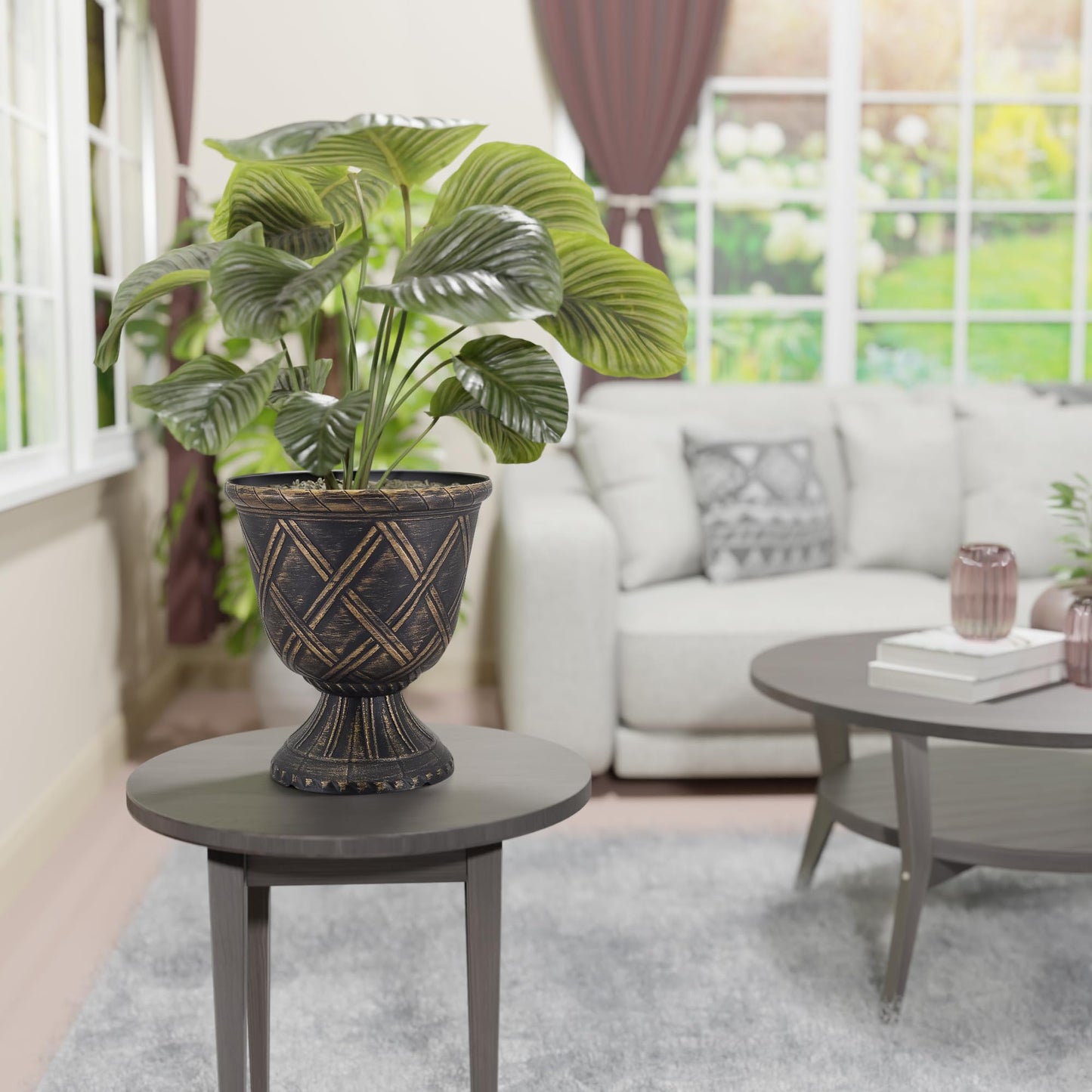 Arcadia Garden Products PL60GD Lattice Plastic Garden Urn, Classic Decorative Garden Pot Planter for Indoor and Outdoor Plants, Gold
