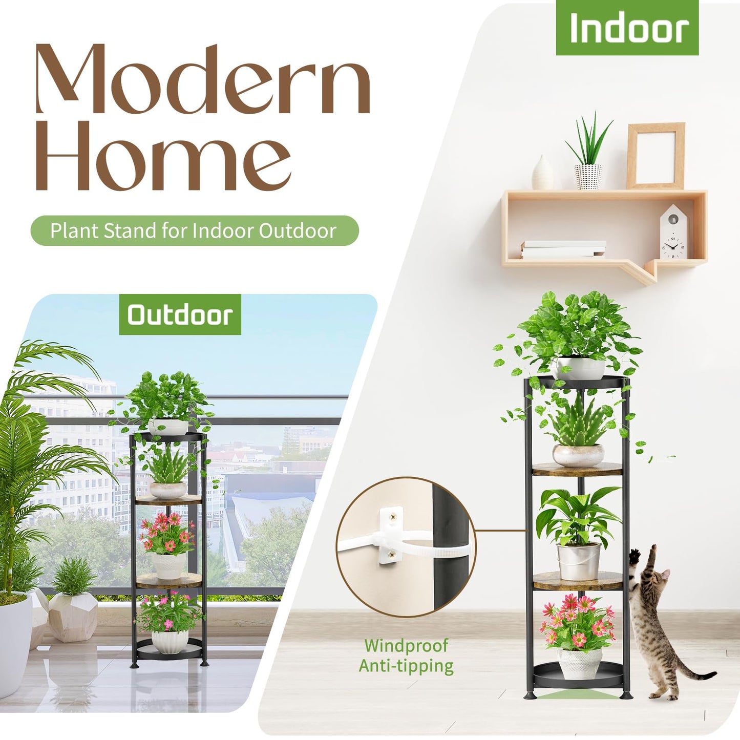 iDavosic.ly 4 Tier Corner Plant Stand Indoor, 45 Inch Tall Vertical Metal Flower Heavy Duty Pot Holder Shelf Outdoor for Patio Porch Living Room, Modern Black & Rustic Brown - Round