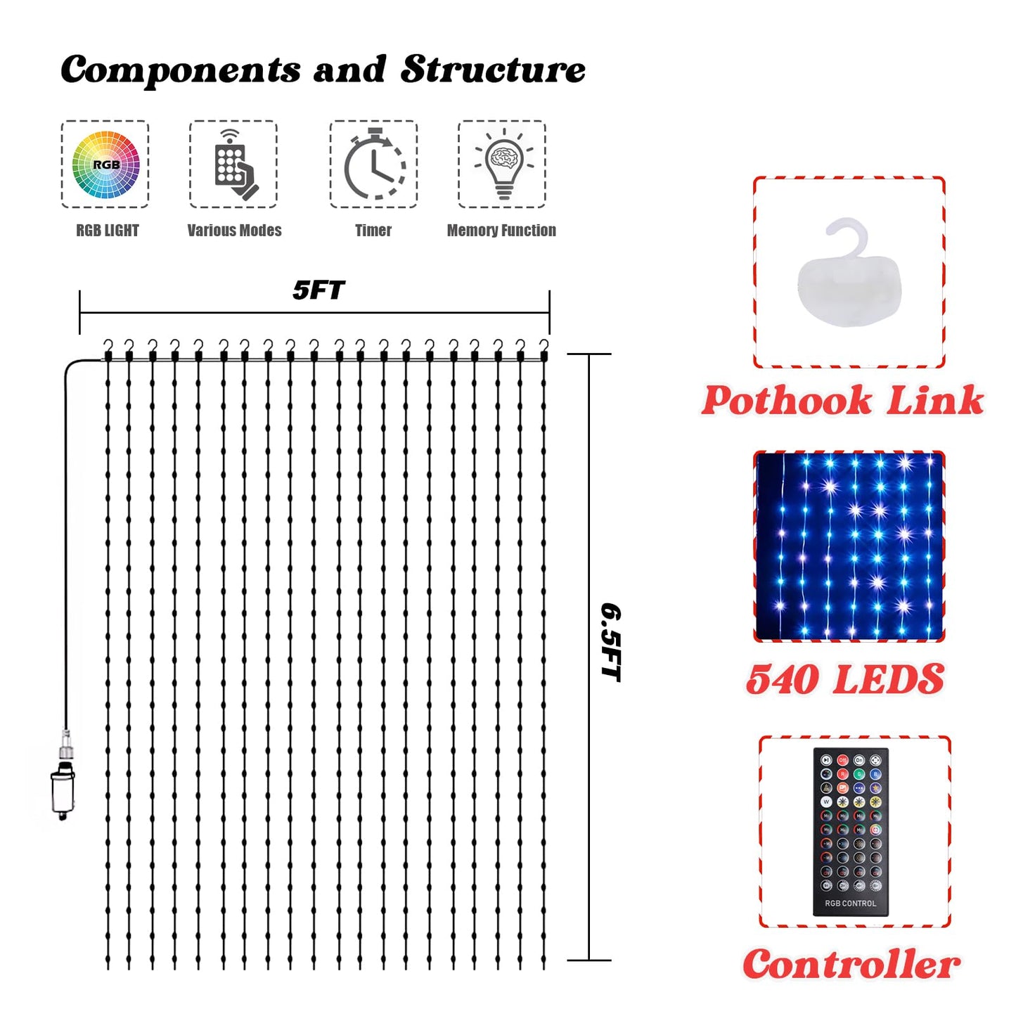 Wonder Solar Curtain Lights DIY LED Decorations Outdoor Smart String Lights 540 LEDs Valentine's Day DIY Lighting Modes Decorative Curtain Lights for Yard, Patio, Party Wedding Yard Home 6.5FT*5FT