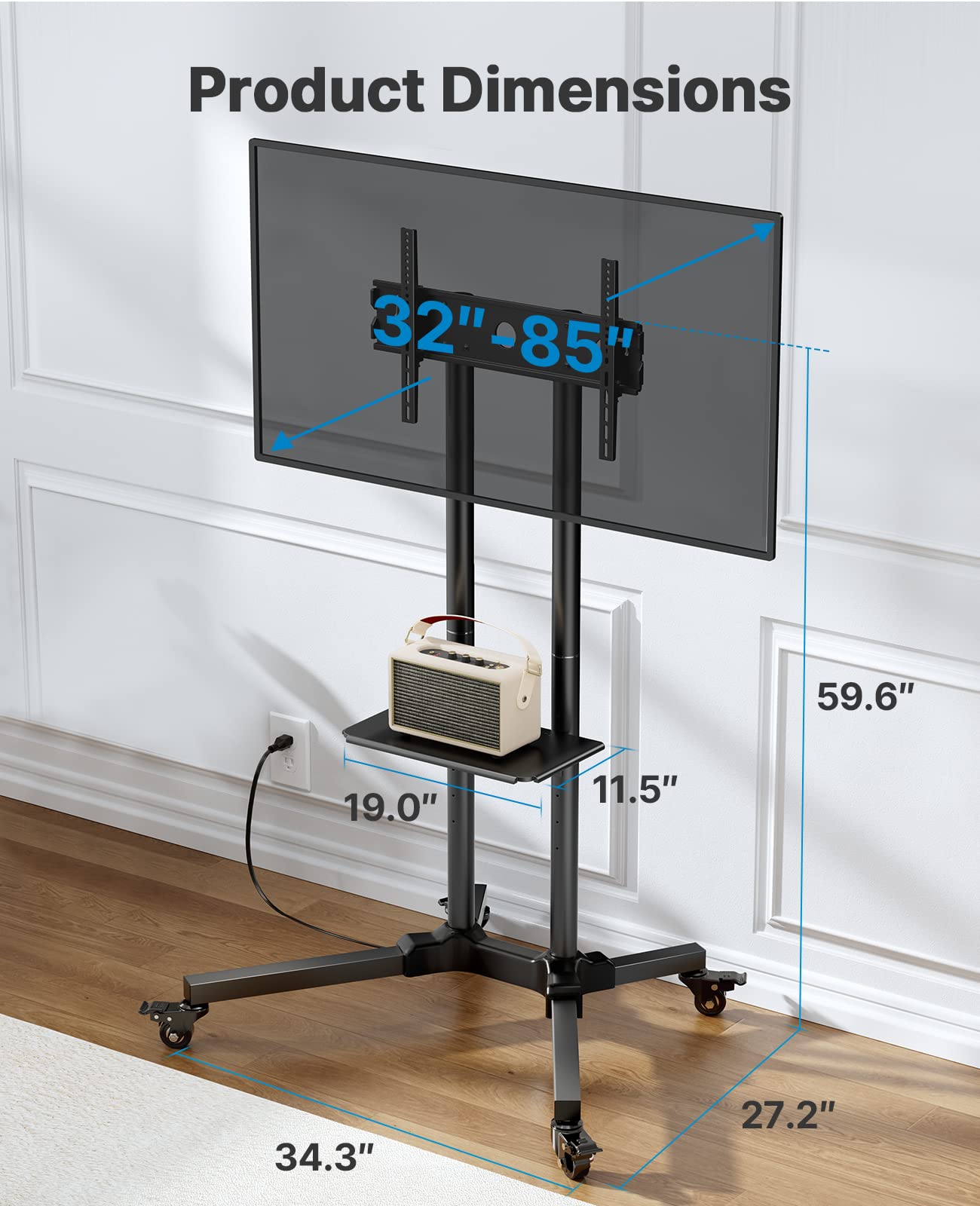 HUANUO Rolling TV Stand with Power Outlet, Mobile TV Cart for 32-85 Inch Flat/Curved TVs, Tilt & Height-Adjustable TV Cart on Wheels Holds 132 lbs, Max VESA 600x400mm HNTVMC01