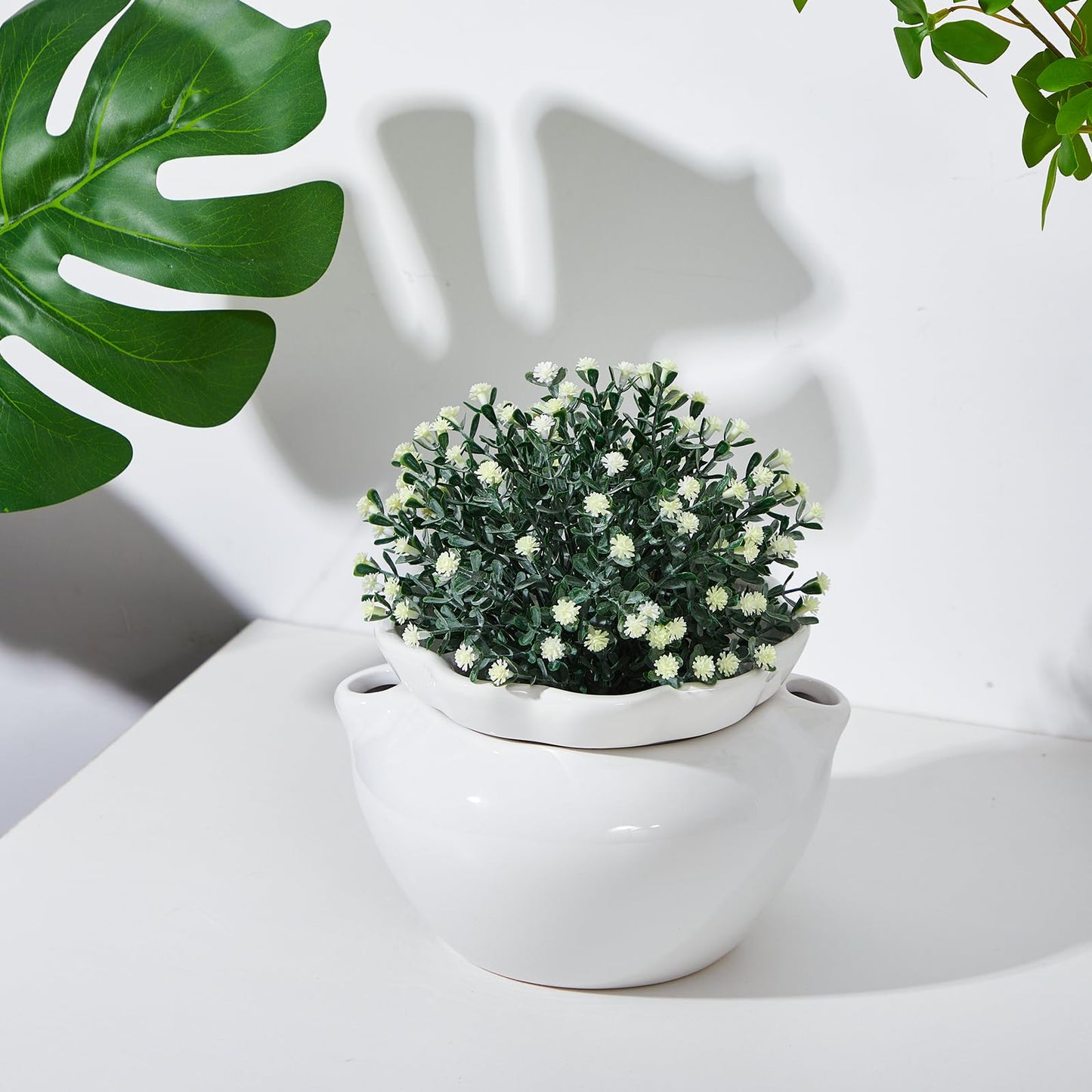 Sunnychicc 4 Set 6 Inches African Violet Pots Self Watering White Ceramic Pot for Indoor Plants, Flowerpot with Highly Absorbent Inner Pot for Busy Plant Lovers,Plant Care