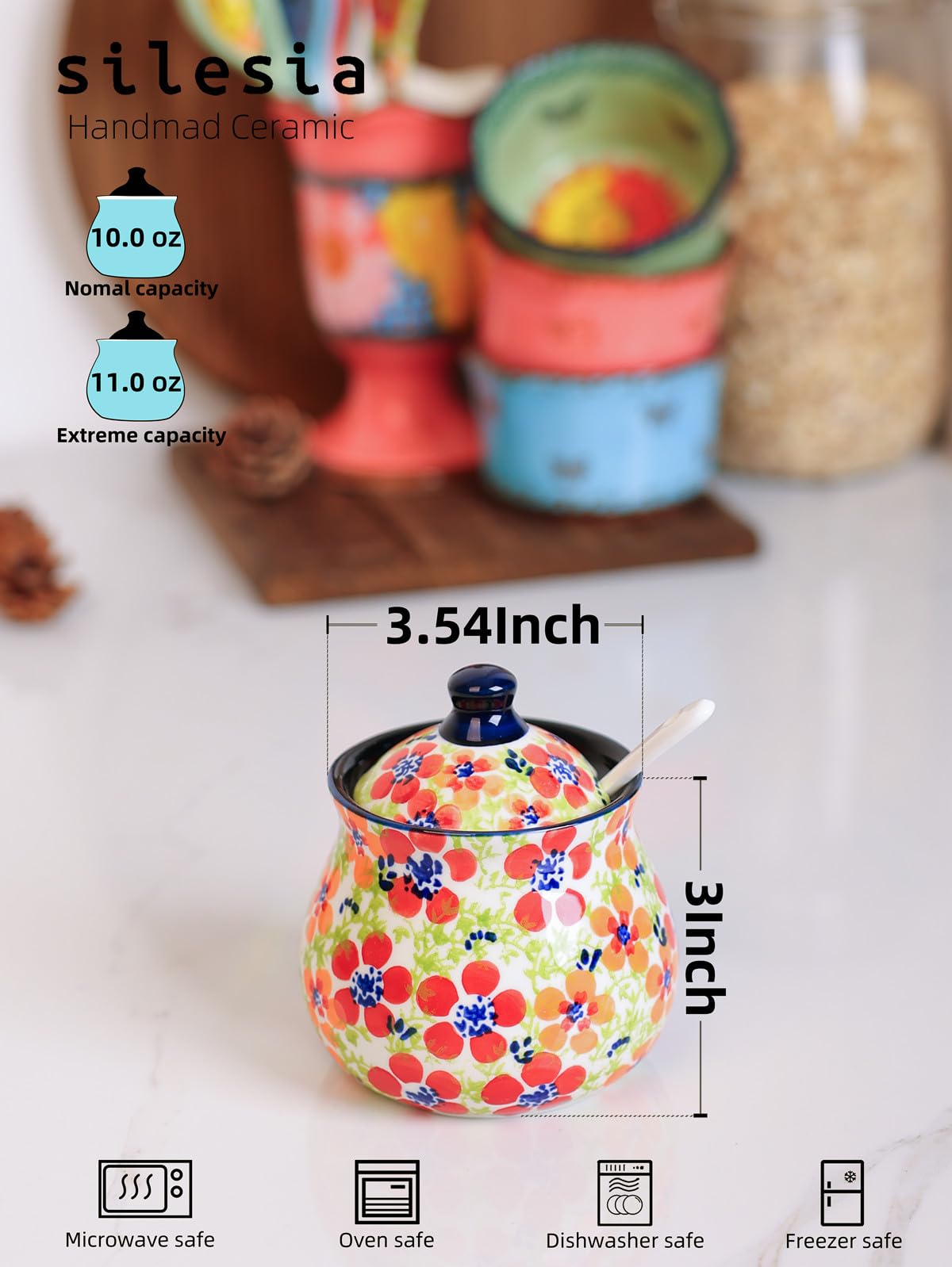 silesia Handmade Sugar Bowl with Lid and Spoon, 9 Ounce Ceramic Hand-Painted Sugar Jar for Home in Gift Box, Kitchen Decor, Oven, Dishwasher & Microwave Safe, Jungle Floral