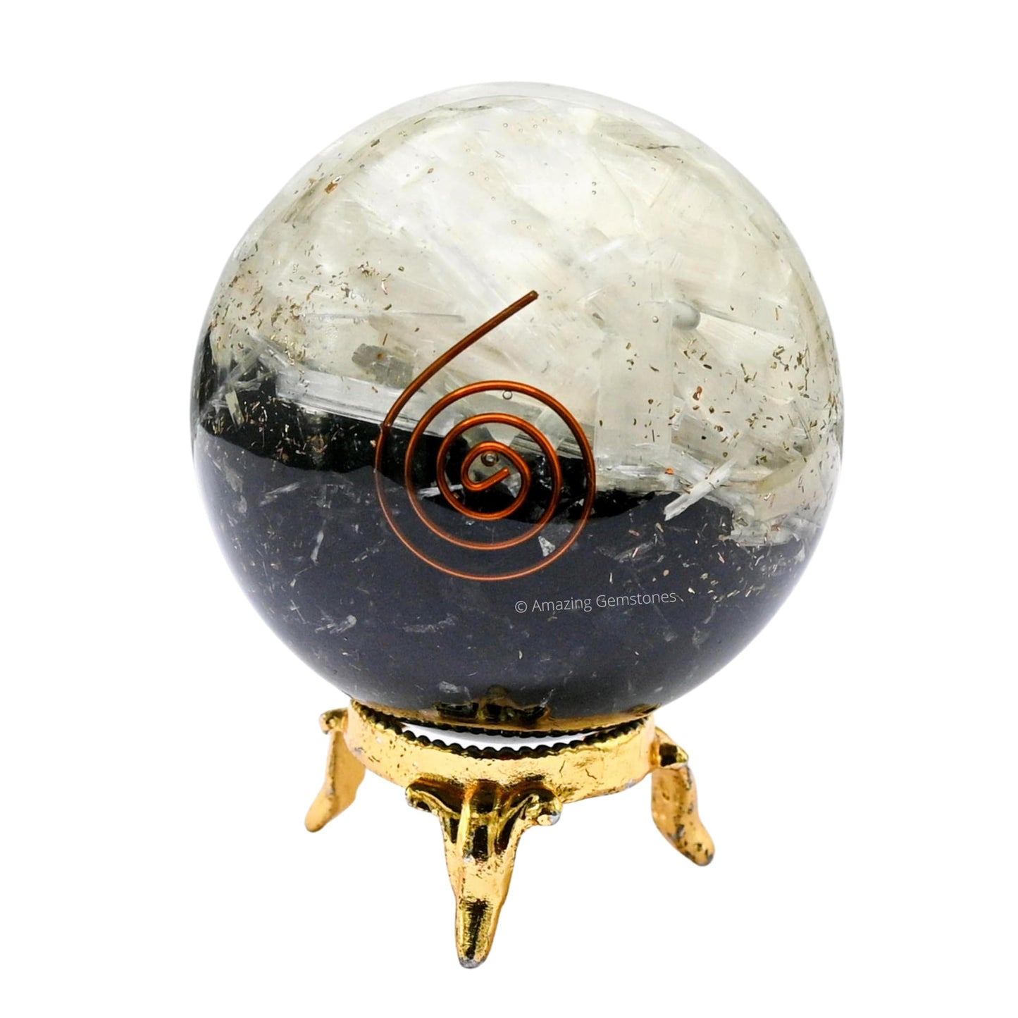 Amazing Gemstone 2.5" Black Tourmaline Selenite Orgonite Orgone Crystal Sphere Ball with Stand - Meditation Crystal Ball for Witchcraft and Decorative Balls - Premium Gemstone Sphere Balls (Layered)