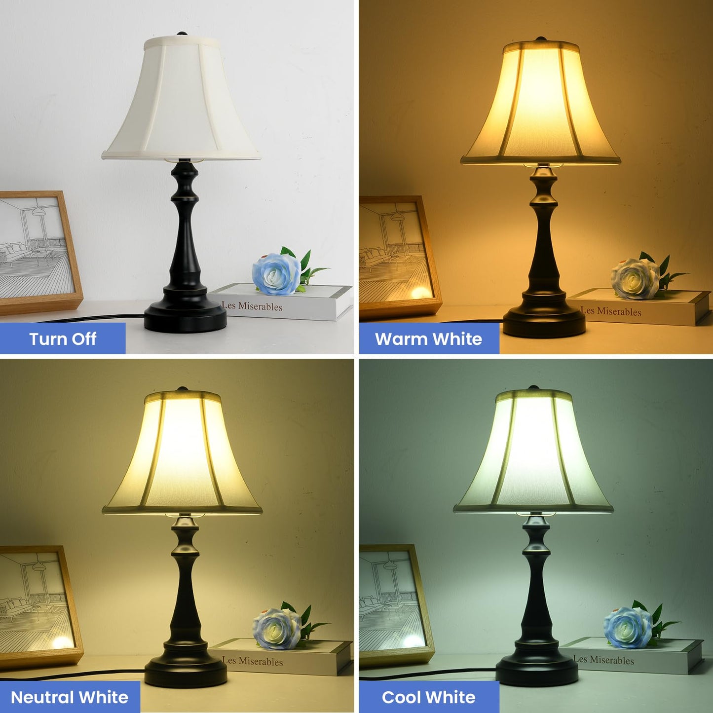 Smeike Traditional Table Lamp, Vintage Desk Lamp for Living Room with Fabric Shade, Farmhouse Bedside Lamp Black Finish for Bedroom Nightstand Office Hotel (Pack-01)