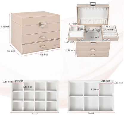 Dajasan Jewelry Organizer Box, Large Jewelry Boxes for Women Girls, Space-Saving 4 Layers Jewelry Storage Case with Drawer, Movable Metal Stand, Modern, Gift Idea (Champagne + Silver)