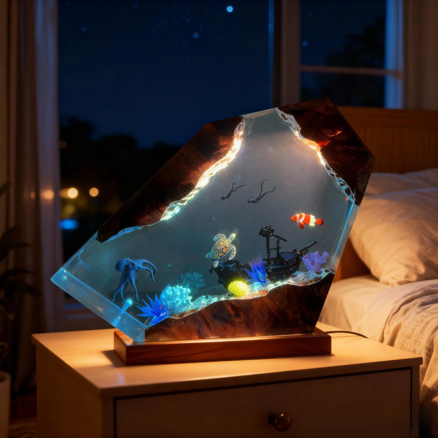 Ocean Resin Lamp – Marine Life Night Light with 16 Color LED, USB Powered Whale Shark & Turtle Desk Lamp with Wooden Base & Remote,Handmade Gift for Christmas, New Year