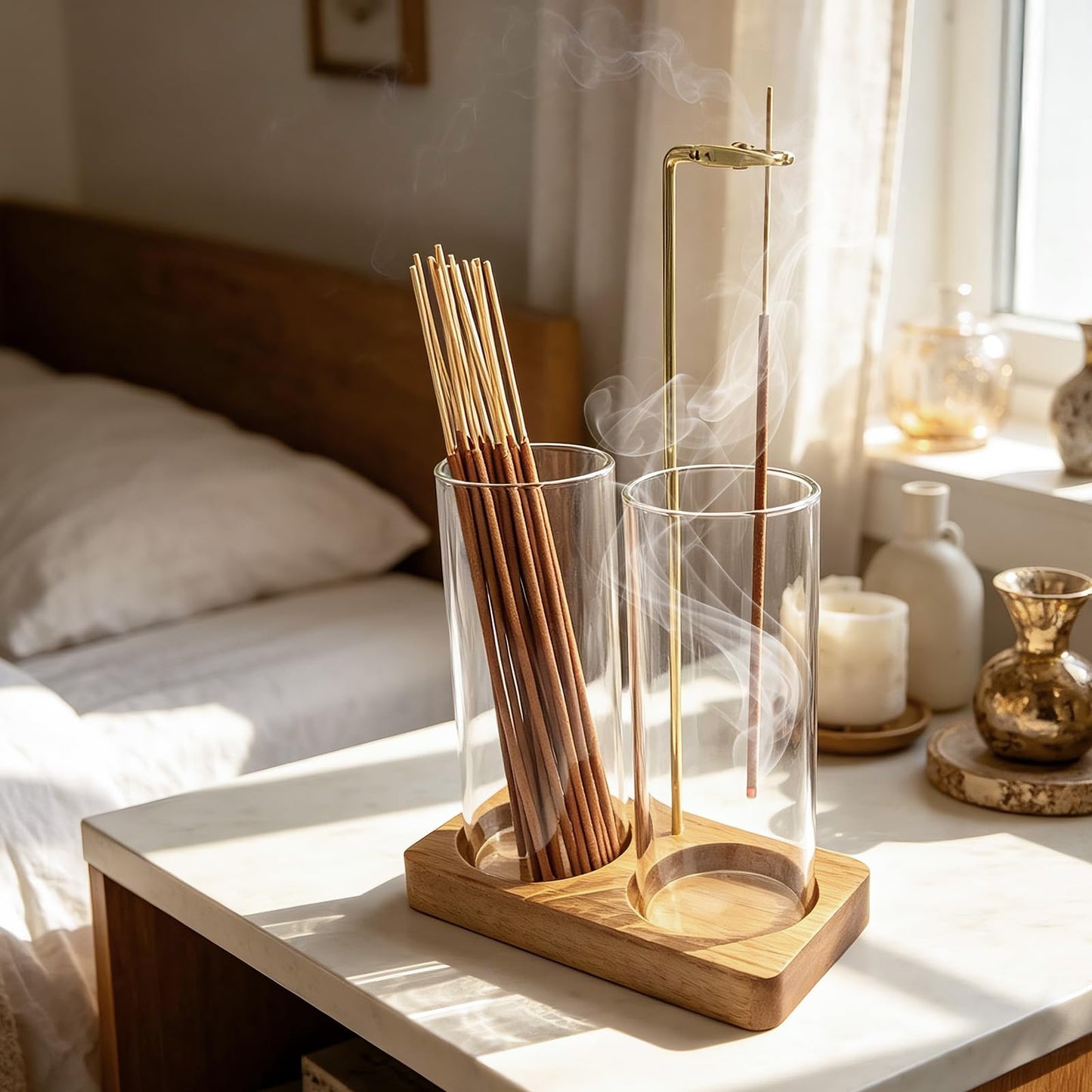 Acacia Incense Holder for Sticks, 2 in 1 Incense Burner with Glass Ash Catcher, 20 Incense Sticks and Brush, Backflow Incense Burner, Incense Burner for Meditation Yoga Spa
