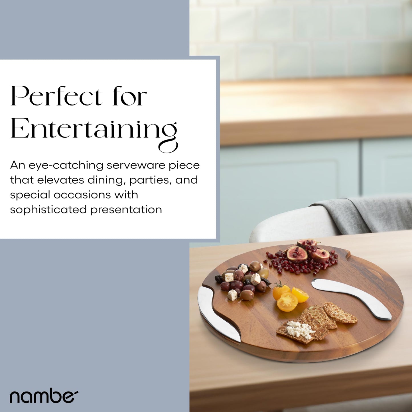 Nambé Cheese Block and Knife Set – Round Acacia Wood Board Featuring Stainless Steel Details, Contemporary Tray with Spreader, Stylish Table Accent for Parties, Gatherings, and Dining