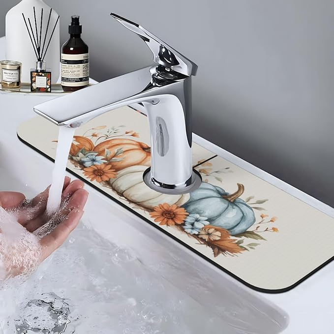 Kitchen Sink Splash Guard Faucet Mat Autumn Pumpkin Floral 15"x5.5", Diatom Mat