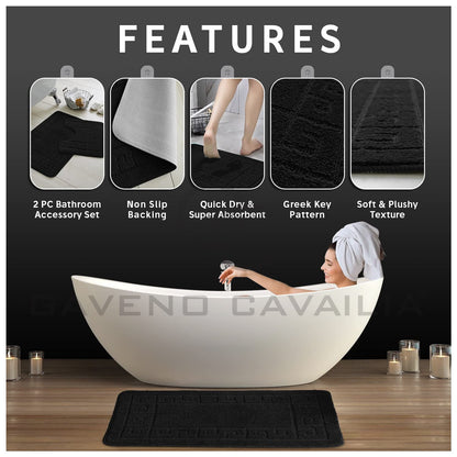 GC GAVENO CAVAILIA Greek Key Pattern Bath Mats 2 Piece Sets Non Slip, Soft Washable Rug Quick Dry Water Absorbent Bathroom Shower Mat & Pedestal Set, Black