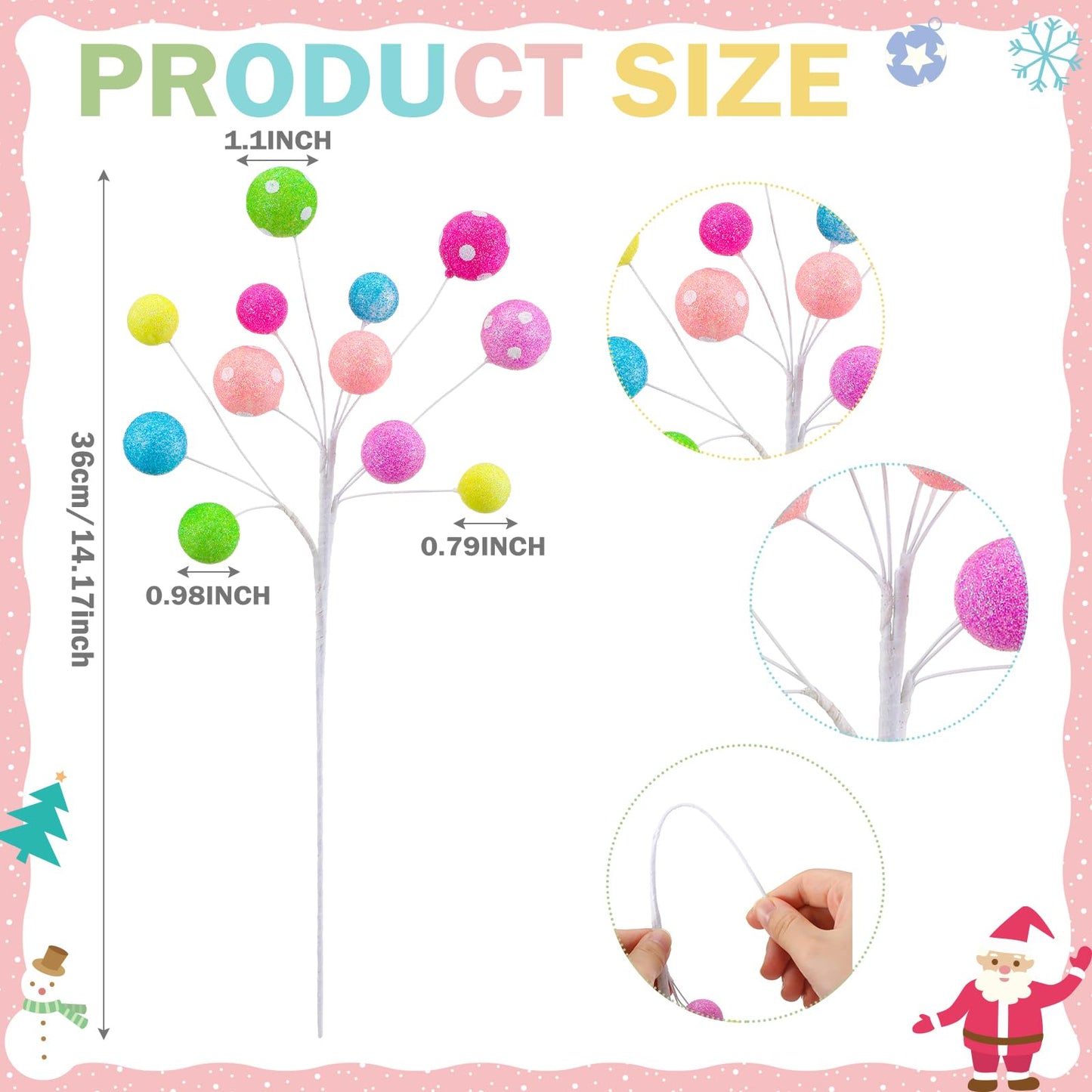Janinka 8 Pcs Christmas Picks Pastel Christmas Candy Decorations Lollipop Macaron Xmas Tree Picks Xmas Tree Topper Glowing Fur Ball for Vase Fillers DIY Crafts Displays Home New Year
