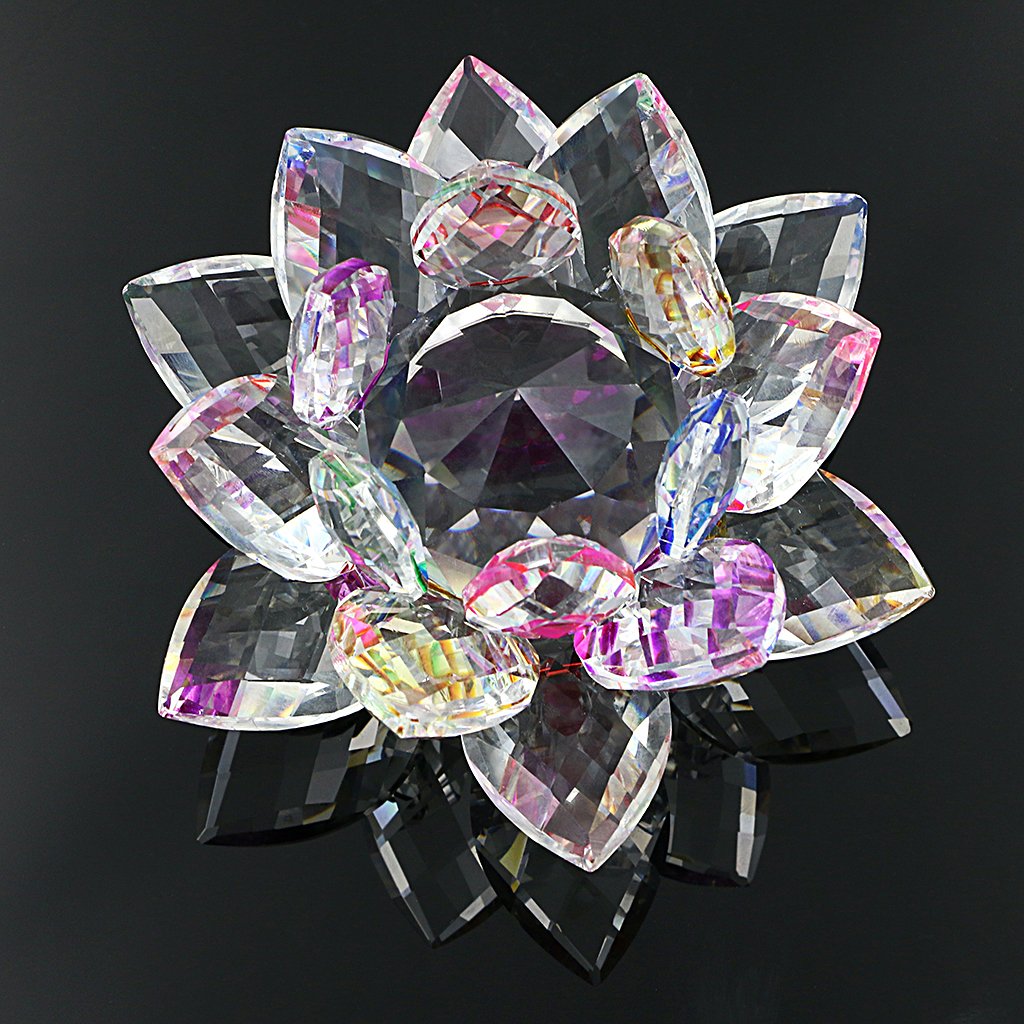 OwnMy Sparkle Crystal Lotus Flower Hue Reflection Feng Shui Home Decor with Gift Box (4 Inch/ 100MM Rainbow)