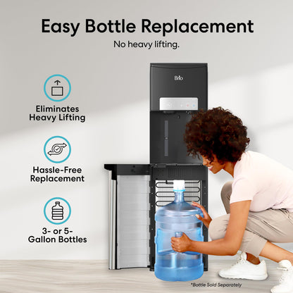 Brio ICE 420 Water Cooler Dispenser for 5 Gallon Bottle with Ice Maker, Bottom Load | UV Self Cleaning Technology, Night Light, Child Safety Lock & 2X Fast Dispense | NSF Certified - Black & Stainless