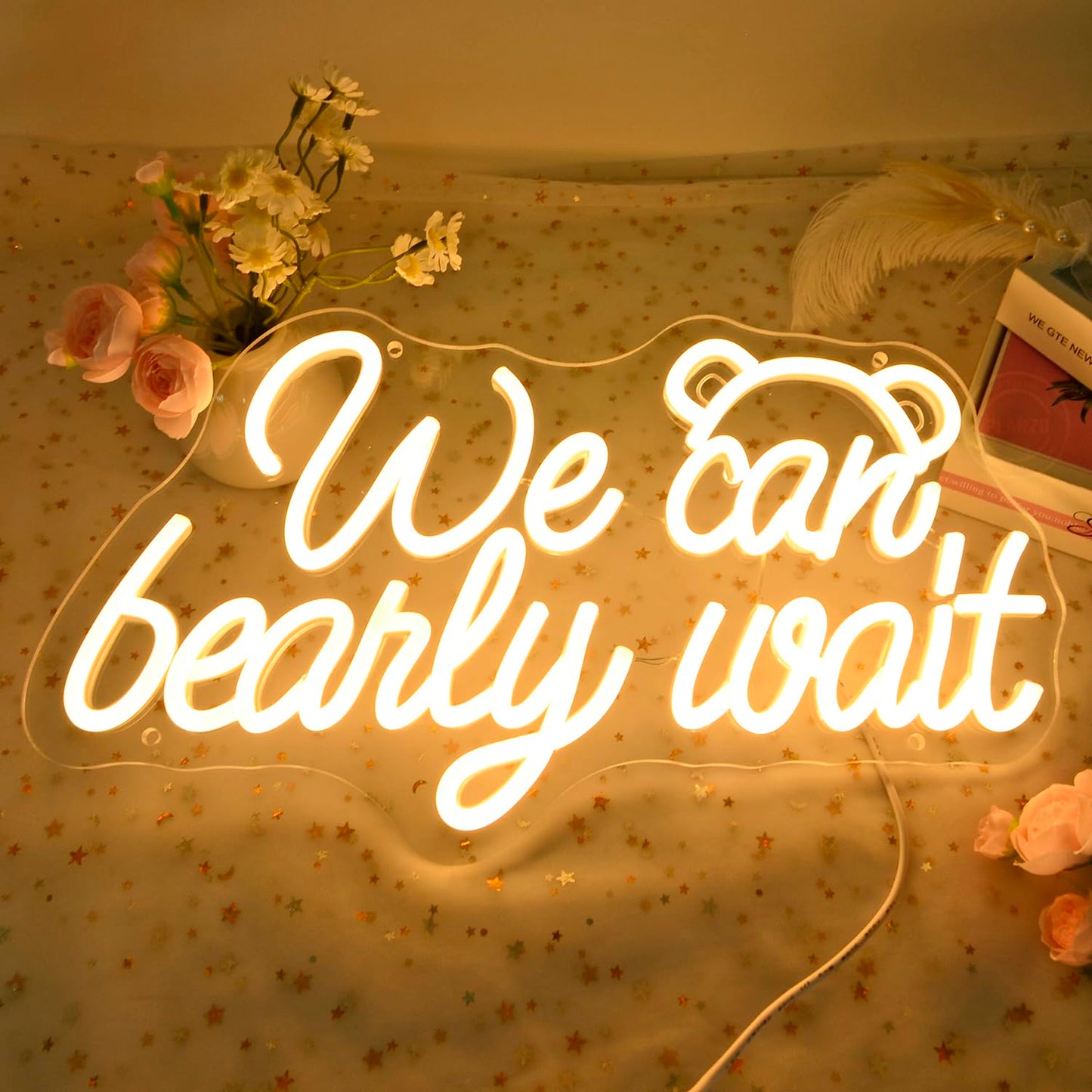 Planzo We Can Bearly Wait Led Neon Light SIgn Baby Shower Wedding Baby Kids Room Nursery Bedroom Hanging Wall Sign Decor USB Bear Light Up Sign 15.7"x8.7"