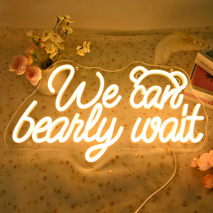 Planzo We Can Bearly Wait Led Neon Light SIgn Baby Shower Wedding Baby Kids Room Nursery Bedroom Hanging Wall Sign Decor USB Bear Light Up Sign 15.7"x8.7"