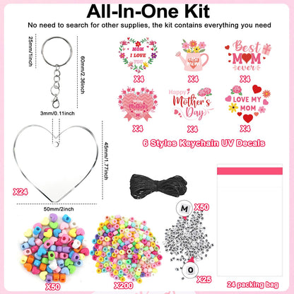 24 Set Mothers Day Craft Kits, Mom DIY Keychain Bulk Set with Acrylic Blank and UV DTF Stickers, Mama Craft Gifts Making Kit, Funny Classroom Home Birthday Art Activities Party Favors