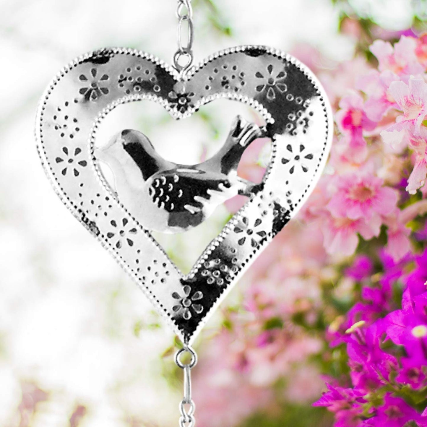 Hanging Garden Decor Hearts and Birds Mobile, Silver Filigree Outdoor Decoration with Glass Marbles and Bell Chime, 38 Inch Metal Wind Chime Mobile for Patio, Porch, Yard, Balcony, Garden Gift