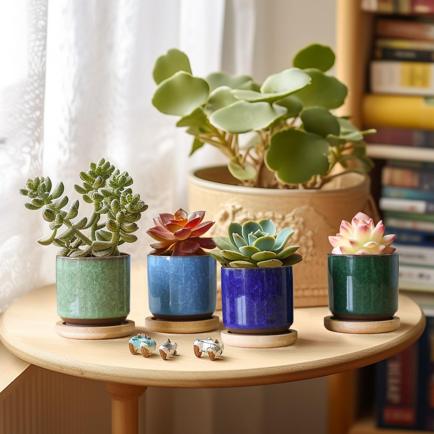 T4U 2.5 Inch Small Ceramic Succulent Planter Pot with Bamboo Saucer Set of 6, Ice Crack Glaze Porcelain Handicraft Plant Container Gift for Mom Sister Aunt Best for Home Office Desk Decoration