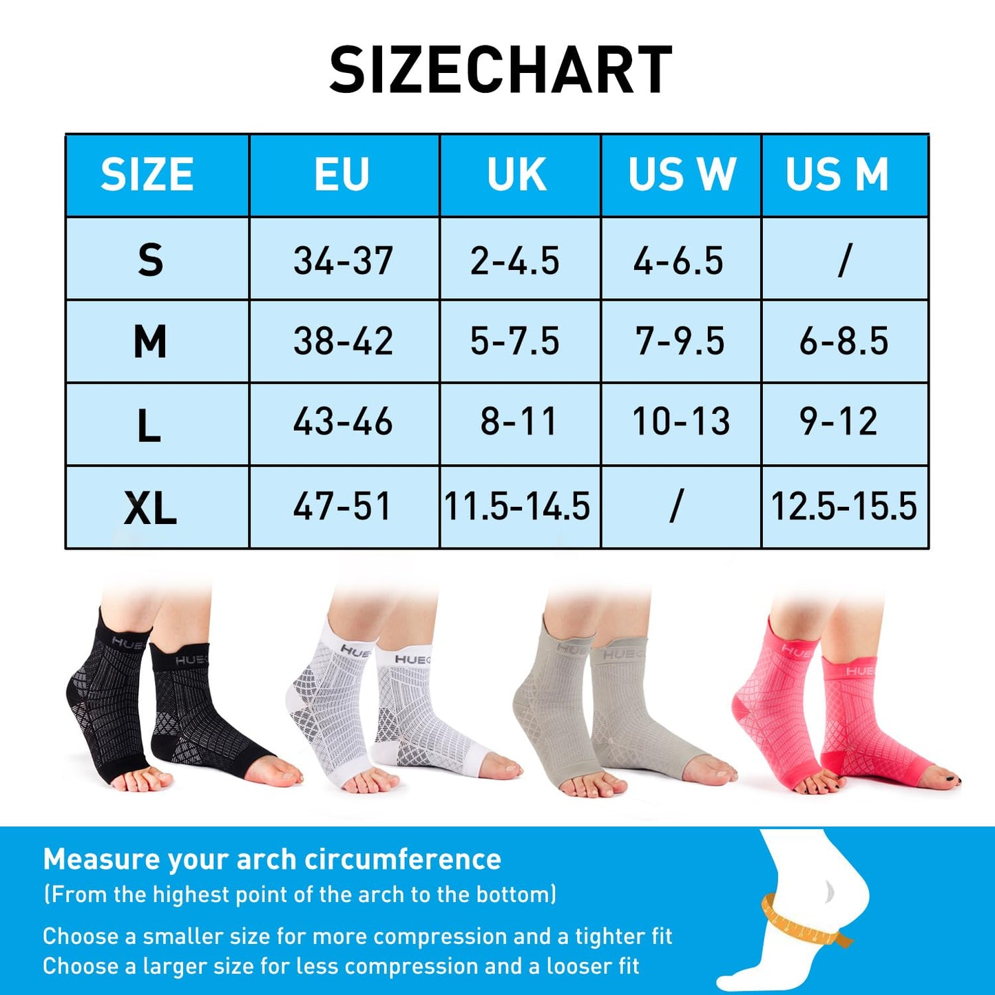HUEGLO 4 Pairs Compression Socks For Women Men Neuropathy Plantar Fasciitis Socks Ankle Support Brace Breathable Anti-Slip Foot Support (Black, L)