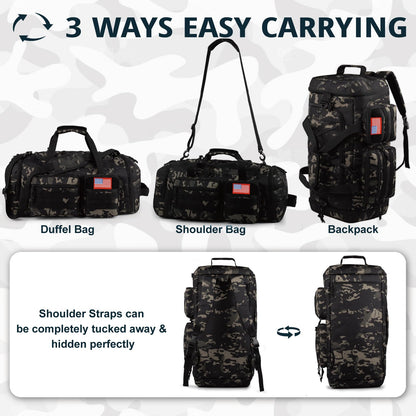 Tactical Gym Bag for Men，50L Large 3 in 1 Sports Duffle Bag with Shoes Compartment for Travel,Water Resistant Travel Backpack Weekender Overnight Bag with Wet Pocket for Women