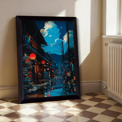 Framed Japanese Canvas Wall Art, Cartoon Style Tokyo Tea House Anime Poster, Modern Ukiyo-e City Street Cafe Scene Painting, Asian Japandi True-to-life Fine Art Print for Bedroom 8x10in
