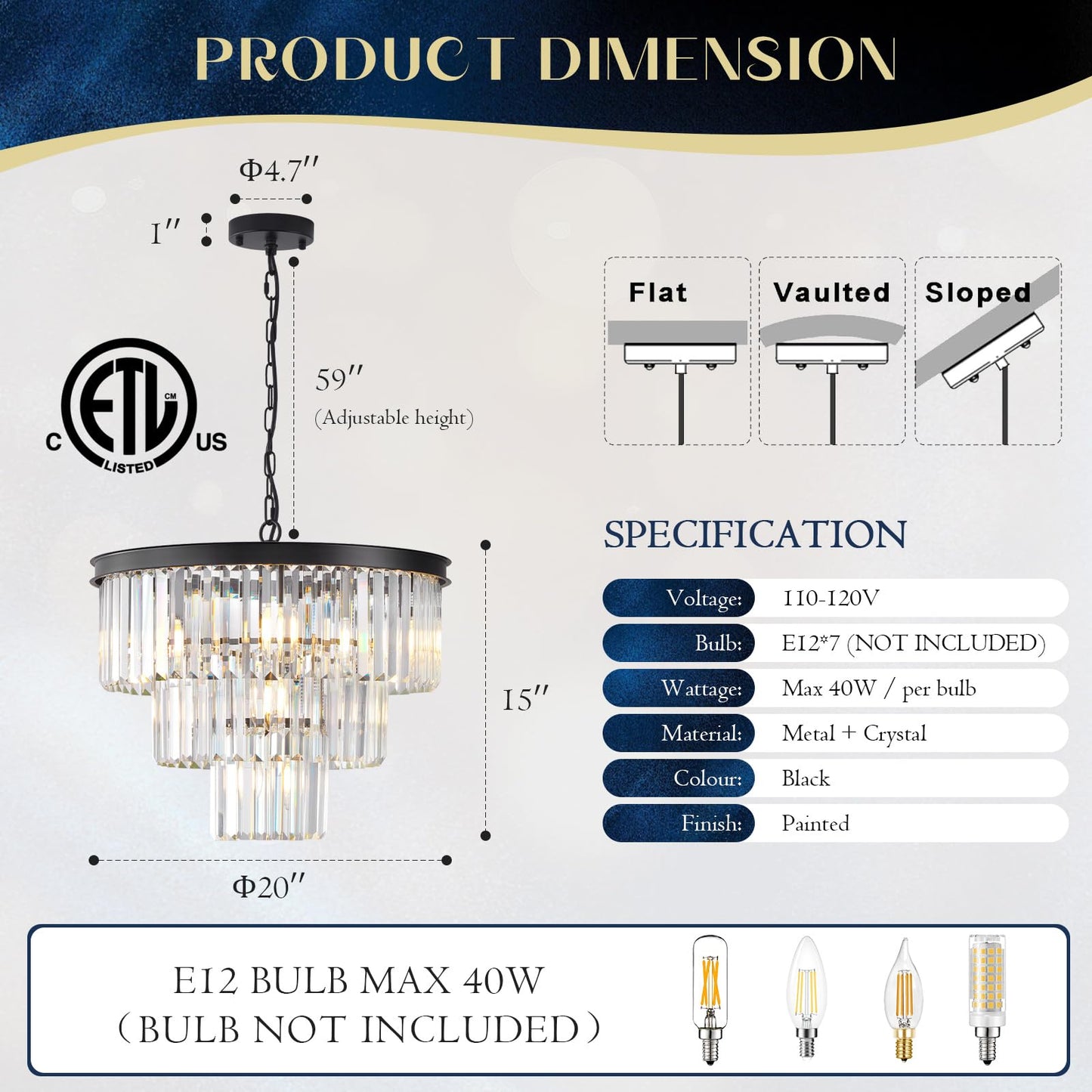 MERINEA Crystal Chandeliers Black Modern Round 20" Chandelier 7 Lights 3-Tier Ceiling Pendant Light Fixture Luxury K9 Crystal Lighting for Living Room Dining Room Bedroom Kitchen Foyer