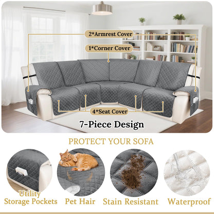 HDCAXKJ 100% Waterproof Recliner Sectional Couch Covers XX-Large L Shaped Corner Reclining Sofa Cover Washable Thick Non Slip Sectional Slipcover with Pockets (XXL 5 Seat Recliner Couch, Grey)