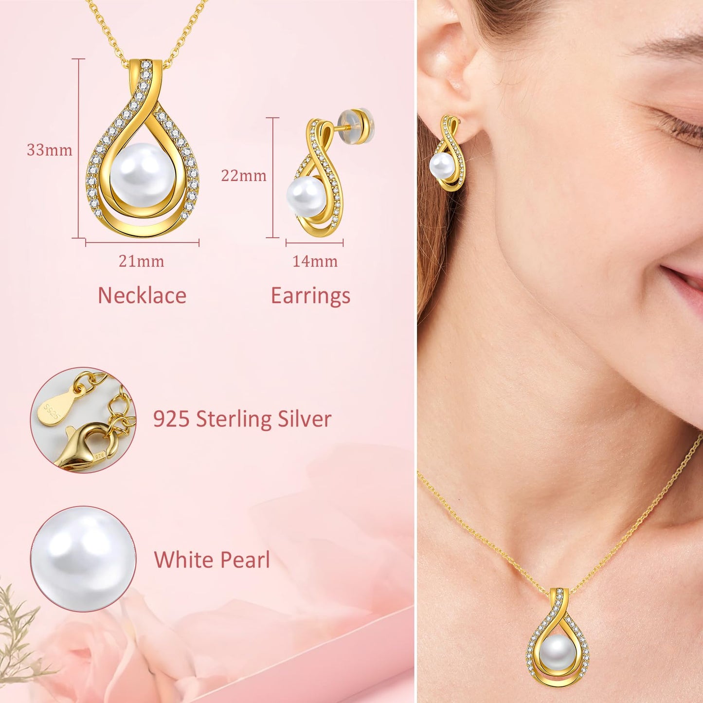 LOIPURI Infinity White Pearl Necklace and Earrings Set for Women Gifts for Mom Birthday Mothers Day AAA+Handpicked Pearl 14K Gold Plated Adjustable Jewelry