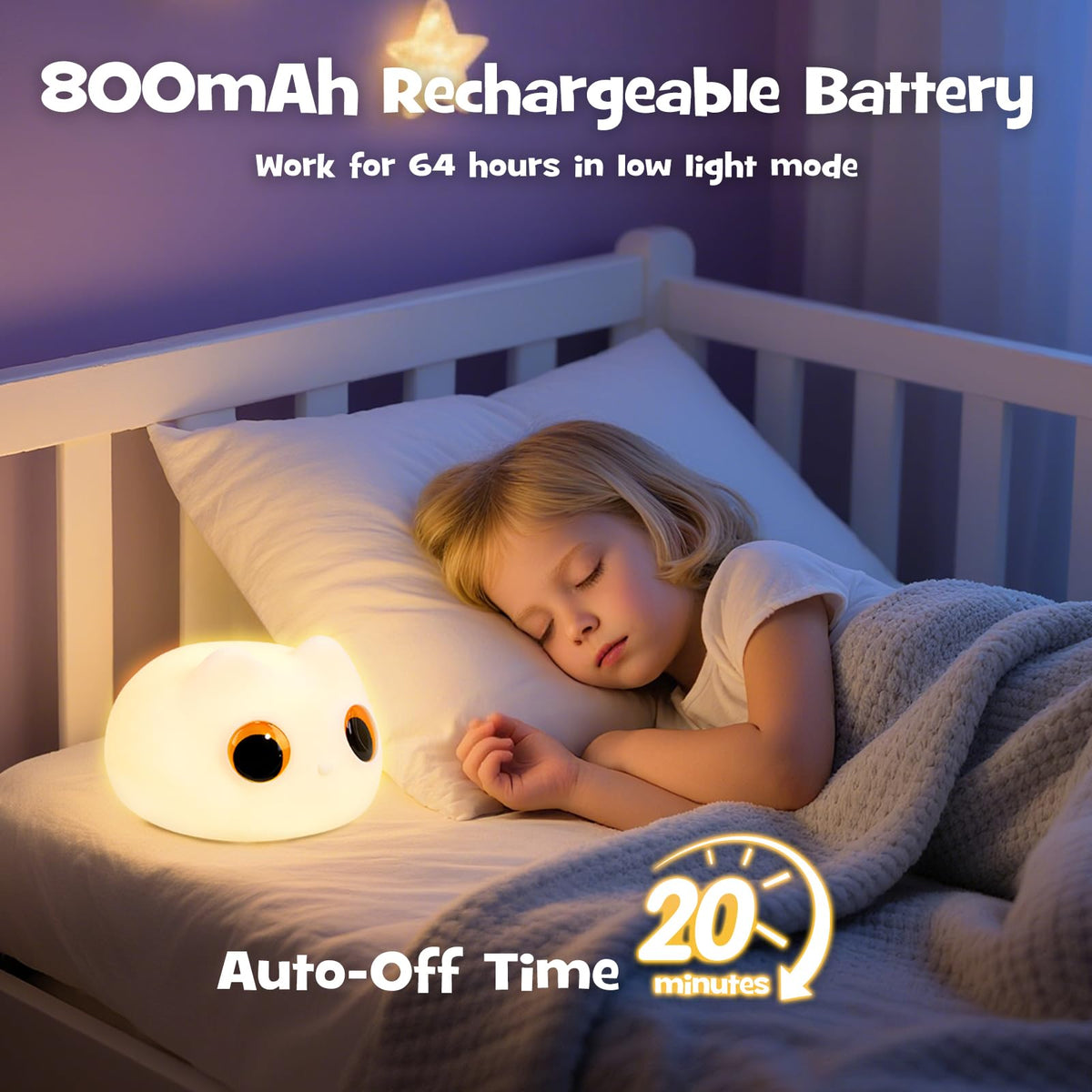 Squishy Cat Night Light 2 Brightness Adjustable Cute Big Eyes Kitty Light with 20mins Timer Nursery Breastfeeding Nightlight Rechargeable Silicone Touch Bedside Animal Lamp for Home Bedroom Dorm Decor