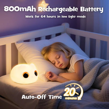 Squishy Cat Night Light 2 Brightness Adjustable Cute Big Eyes Kitty Light with 20mins Timer Nursery Breastfeeding Nightlight Rechargeable Silicone Touch Bedside Animal Lamp for Home Bedroom Dorm Decor